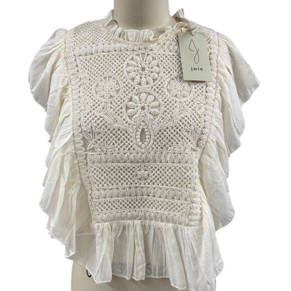 NWT Joie Ivory Embroidered Ruffle Blouse M Boho Luxe Romantic Messy Coquette - Picture 1 of 4